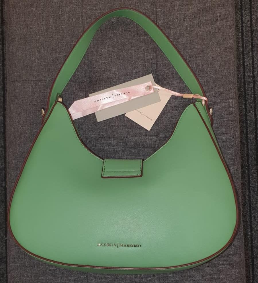 Borsa Alessia Massimo: media luna, colore verde, riga bianca e nera