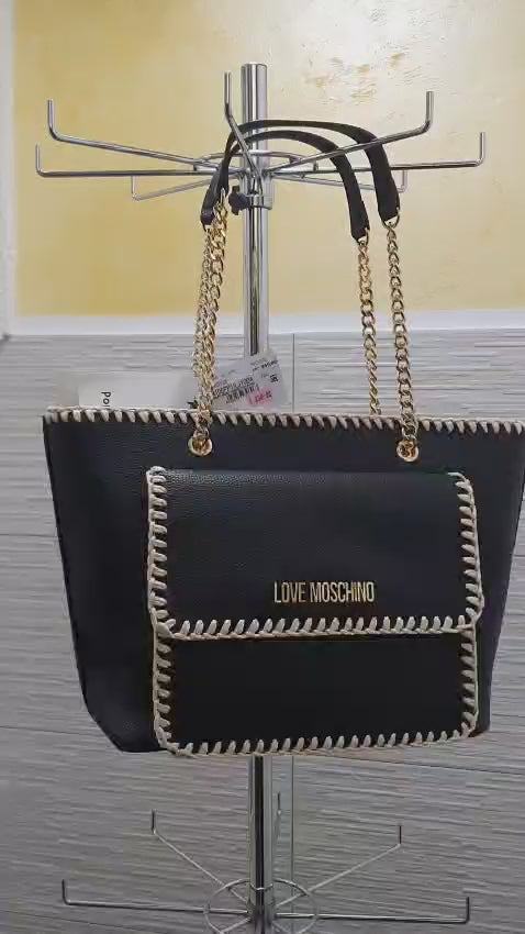 Borsa Love Moschino, colore nera, tracollo in metallo colore oro.